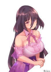 Rule 34 | 1girl, artist name, black hair, breasts, buttons, chamame, cleavage, closed mouth, clothing cutout, collar, detached collar, dress, frilled dress, frills, hair between eyes, highres, jewelry, large breasts, light blush, light smile, long hair, looking at viewer, necklace, pink dress, pink neckwear, red eyes, ribbon, see-through, see-through sleeves, shiny skin, shoulder cutout, sidelocks, simple background, solo, sparkle, very long hair, white background, yamada tae, zombie land saga