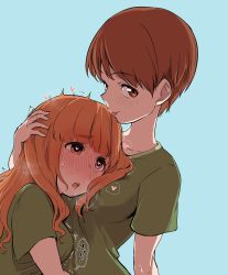 Rule 34 | 10s, 2girls, :p, absurdres, alternate hair length, alternate hairstyle, aomushi (mushamusha), blue background, blunt bangs, blush, breath, brown eyes, brown hair, closed mouth, girls und panzer, green shirt, hand on another&#039;s head, head on chest, heart, heart-shaped pupils, highres, long hair, looking at viewer, military, military uniform, multiple girls, nishizumi miho, ooarai military uniform, open mouth, orange eyes, orange hair, saliva, shirt, short hair, short sleeves, simple background, smile, sweat, symbol-shaped pupils, takebe saori, tongue, tongue out, trembling, uniform, very short hair, yuri
