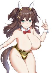 Rule 34 | 1girl, bare shoulders, blush, bow, bowtie, breasts, brown hair, cleavage, closed mouth, commentary request, detached collar, ear covers, fox shadow puppet, gold leotard, green eyes, groin, hair ornament, highres, huge breasts, inari one (fields of gold) (umamusume), inari one (umamusume), large breasts, leotard, long hair, nontraditional playboy bunny, red bow, red bowtie, smile, solo, strapless, strapless leotard, two side up, umamusume, wrist cuffs, yellow leotard, yuugatou (yuuzutu)