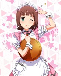 Rule 34 | 1girl, :p, amami haruka, apron, blush, bow, bowtie, butterfly ornament, card (medium), dot nose, dress, frilled apron, frilled skirt, frills, green eyes, hand to head, idolmaster, idolmaster (classic), idolmaster million live!, idolmaster million live! theater days, looking at viewer, maid headdress, official alternate costume, official art, one eye closed, pink bow, pink bowtie, pink dress, pink ribbon, pretty waitress (idolmaster), puffy short sleeves, puffy sleeves, ribbon, shirt, short sleeves, skirt, solo, star (symbol), starry background, straight-on, thighhighs, tongue, tongue out, upper body, waist apron, waitress, white apron, white shirt, white thighhighs, wrist cuffs