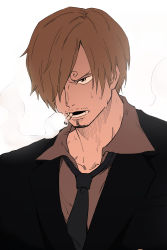 Rule 34 | 1boy, absurdres, bad id, bad pixiv id, blonde hair, cigarette, facial hair, formal, goatee, hair over one eye, highres, necktie, one piece, open mouth, quana, sanji (one piece), smoking, solo, suit, sweat, white background