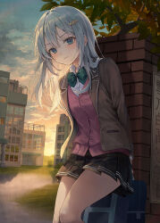Rule 34 | 1girl, arm behind back, black skirt, blazer, blue eyes, blush, bow, bowtie, breasts, brick wall, building, cardigan, collared shirt, cover, cover image, hair ornament, hairclip, hand on own chest, highres, jacket, long hair, looking at viewer, medium breasts, novel illustration, official art, open clothes, open jacket, outdoors, pink cardigan, pleated skirt, r o ha, revision, school uniform, second-party source, shimotsuki-san wa mob ga suki, shimotsuki shiho, shirt, sign, skirt, solo, striped, sunset, textless version, tree, white hair, white shirt