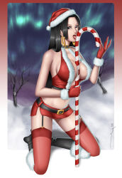 Rule 34 | 1girl, alternate costume, artist request, bare shoulders, belt, between breasts, black hair, boa hancock, boots, breasts, candy, candy cane, choker, christmas, cleavage, earrings, garter straps, gloves, hat, high heels, jewelry, knee boots, kneeling, large breasts, licking, long hair, microskirt, midriff, miniskirt, one piece, open mouth, santa hat, sexually suggestive, shoes, short shorts, shorts, skirt, snow, solo, thighhighs, tongue