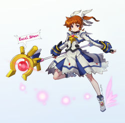 Rule 34 | 1girl, absurdres, black gloves, bow, brown hair, clenched hand, fingerless gloves, floating, gloves, gradient background, hair bow, highres, holding, holding staff, leg up, looking at viewer, lyrical nanoha, magical girl, mahou shoujo lyrical nanoha the movie 2nd a&#039;s, mar10, open hand, purple eyes, raising heart, raising heart (accel mode) (2nd), smile, solo, speech bubble, staff, takamachi nanoha, takamachi nanoha (movie 1st mode), twintails, v-shaped eyebrows, white bow