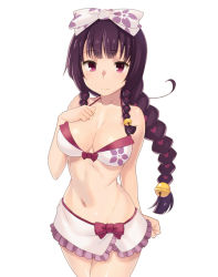 Rule 34 | 1girl, akechi mitsuhide (sengoku collection), bell, bikini, black hair, braid, breasts, cleavage, floral print, hair ribbon, heart, jingle bell, long hair, navel, purple eyes, ribbon, sengoku collection, simple background, solo, swimsuit, tenchisouha, white background
