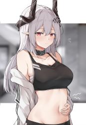 Rule 34 | 1girl, absurdres, arknights, bandages, bare shoulders, black choker, breasts, choker, collarbone, commentary request, crop top, groin, highres, horns, infection monitor (arknights), jacket, large breasts, long hair, long sleeves, looking at viewer, mango (mgo), midriff, mudrock (arknights), mudrock (elite ii) (arknights), navel, off shoulder, open clothes, open jacket, pointy ears, red eyes, sarashi, silver hair, solo, sports bra, stomach, upper body