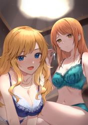 Rule 34 | 2girls, bare shoulders, blonde hair, blue eyes, bra, breasts, breasts squeezed together, cleavage, collarbone, highres, hojo karen, idolmaster, idolmaster cinderella girls, jewelry, key, kozeni isari, lace, lace-trimmed bra, lace trim, large breasts, leaning forward, long hair, looking at viewer, medium breasts, multiple girls, necklace, ohtsuki yui, open mouth, orange hair, sidelocks, smile, swept bangs, underwear, underwear only, yellow eyes