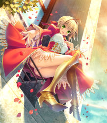 Rule 34 | 1girl, ahoge, armor, blonde hair, boots, braid, breasts, commentary, day, dress, epaulettes, fate/extra, fate/grand order, fate (series), french braid, from below, gold footwear, greaves, green eyes, hair bun, hair intakes, hand on own chest, high heel boots, high heels, highres, juliet sleeves, kanekiyo miwa, knee boots, large breasts, long sleeves, looking at viewer, looking down, medium dress, nero claudius (fate), nero claudius (fate) (all), nero claudius (fate/extra), open mouth, panties, petals, plant, puffy sleeves, red dress, short hair, single hair bun, sitting, smile, solo, sunlight, thighs, underwear, white panties, window