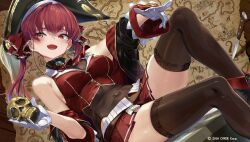 Rule 34 | 1girl, akasaai, black thighhighs, breasts, cleavage, gloves, hat, heterochromia, highres, hololive, houshou marine, houshou marine (1st costume), knife, lace, lace-trimmed legwear, lace trim, map, medium breasts, official art, pirate hat, red hair, see-through, see-through cleavage, sitting, skull, solo, thighhighs, virtual youtuber, white gloves