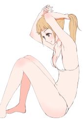 Rule 34 | 1girl, armpits, arms up, bare legs, barefoot, bikini, blonde hair, blush, breasts, brown eyes, cleavage, closed mouth, commentary request, from side, hair tie, hands up, hi iro, highres, knee blush, long hair, medium breasts, navel, original, simple background, sitting, smile, solo, string bikini, swimsuit, tying hair, white background, white bikini