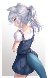 Rule 34 | 1girl, animal ears, blue eyes, blue hair, blush, cat ears, fins, fish tail, gawr gura, gawr gura (casual), hair ornament, highres, hololive, hololive english, looking at viewer, multicolored hair, nape, official alternate costume, oridays, ponytail, shark tail, silver hair, solo, streaked hair, tail, virtual youtuber