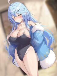 Rule 34 | 1girl, ahoge, alternate costume, ayagi daifuku, bare shoulders, black one-piece swimsuit, blue hair, blue jacket, blurry, blurry background, blush, breasts, cleavage, closed mouth, commentary request, elf, fur-trimmed jacket, fur-trimmed sleeves, fur trim, heart, heart ahoge, highleg, highleg swimsuit, highres, hololive, huge breasts, jacket, long sleeves, nose blush, one-piece swimsuit, pointy ears, solo, swimsuit, virtual youtuber, yellow eyes, yukihana lamy