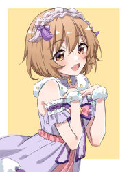 Rule 34 | 1girl, arm garter, bare shoulders, blush, border, bow, bowtie, brown eyes, brown hair, dot nose, dress, flat chest, from side, fur-trimmed dress, fur trim, hands on own breasts, highres, idolmaster, idolmaster cinderella girls, idolmaster cinderella girls starlight stage, koga koharu, looking at viewer, open mouth, outside border, purple bow, purple bowtie, purple ribbon, ribbon, scrunchie, short hair, simple background, smile, solo, tottoto tomekichi, two-tone dress, white border, white headdress, white scrunchie, wrist scrunchie, yellow background
