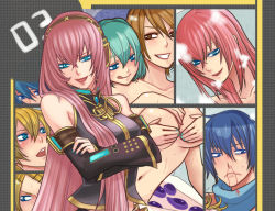 Rule 34 | 2boys, 4girls, :d, :q, aqua eyes, aqua hair, aqua nails, bad id, bare shoulders, black detached sleeves, blonde hair, blood, blood stain, blue eyes, blue gemstone, blue hair, blue scarf, blush, grabbing another&#039;s breast, breasts, brooch, brown eyes, brown hair, clenched teeth, clothed female nude female, clothed male nude female, collarbone, crossed arms, detached sleeves, gem, grabbing, grin, groping, hair between eyes, hair ornament, hairclip, hatsune miku, headphones, jewelry, kagamine len, kagamine rin, kaito (vocaloid), large breasts, long hair, looking at another, looking at viewer, megurine luka, meiko (vocaloid), multiple boys, multiple girls, nail polish, naughty face, nayu, neck, nosebleed, nude, open mouth, pink hair, pink nails, round teeth, scarf, short hair, sleeveless, smile, sweatdrop, teeth, tongue, tongue out, upper body, vocaloid, yuri