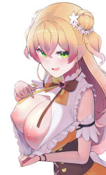 Rule 34 | 1girl, blonde hair, blush, bow, bowtie, breasts, breasts out, chijo, cleavage cutout, clothes pull, clothing cutout, cross-laced clothes, crossed bangs, double bun, dress, dress pull, fang, female pervert, flower, frilled dress, frills, from side, gradient hair, green eyes, hair behind ear, hair between eyes, hair bun, hair flower, hair ornament, hololive, large breasts, long hair, looking at viewer, momosuzu nene, multicolored hair, nail polish, nipples, open mouth, orange nails, pervert, pointing, pointing at self, pointy breasts, shumichi, sidelocks, simple background, sleeveless, sleeveless dress, smile, solo, two side up, underbust, upper body, virtual youtuber, white background