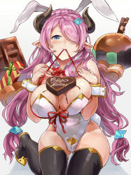 Rule 34 | 10s, 1girl, animal ears, bare shoulders, black thighhighs, blue eyes, breasts, candy, chocolate, chocolate heart, chocolate on body, chocolate on breasts, detached collar, draph, food, food on body, granblue fantasy, groin, hair ornament, hair over one eye, hands on own chest, heart, highres, himuro shunsuke, horns, large breasts, leotard, light purple hair, long hair, looking at viewer, narmaya (granblue fantasy), pointy ears, rabbit ears, rabbit girl, red ribbon, ribbon, sitting, solo, thighhighs, thighs, valentine, white leotard