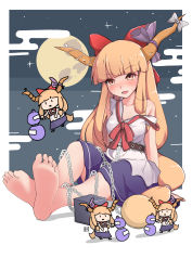 Rule 34 | 4girls, absurdres, artist name, barefoot, belt, blue skirt, blush, bow, breasts, chain, chibi, clone, cloud, commentary, feet, foot focus, full moon, gourd, hair bow, highres, horn bow, horn ornament, horns, ibuki suika, long hair, looking at viewer, lykesya, mini person, minigirl, moon, multiple girls, neck ribbon, night, night sky, off shoulder, open mouth, orange eyes, orange hair, red bow, ribbon, signature, sitting, skirt, sky, sleeveless, small breasts, smile, soles, solo focus, toes, torn clothes, torn sleeves, touhou