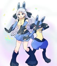 Rule 34 | 10s, 1girl, bad id, bad pixiv id, blue eyes, boku no hero academia, cosplay, creatures (company), don7no3, elbow gloves, full body, game freak, gen 4 pokemon, gloves, hadou nejire, hair ornament, long hair, lucario, lucario (cosplay), nintendo, open mouth, pokemon, red eyes, silver hair, simple background, skirt, very long hair, white background