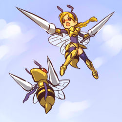 Rule 34 | 1990s (style), 1girl, antennae, armor, arthropod girl, bee, bee girl, beedrill, braid, bug, costume, creatures (company), day, dual wielding, flying, game freak, gen 1 pokemon, hitec, holding, insect, insect girl, lance, moemon, nintendo, open mouth, orange hair, personification, pokemon, pokemon (creature), pokemon rgby, polearm, red eyes, retro artstyle, sky, spear, thighhighs, weapon, wings