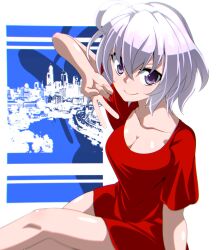 Rule 34 | 1girl, ahoge, blush, breasts, cleavage, closed mouth, collarbone, highres, large breasts, looking at viewer, purple eyes, red shirt, red sweater, senki zesshou symphogear, shirt, short hair, smile, solo, sweater, tanashi (mk2), v, white hair, yukine chris