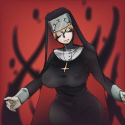 Rule 34 | 184nx, 1girl, blonde hair, covered erect nipples, cross, cross necklace, double (skullgirls), closed eyes, habit, jewelry, necklace, nun, outstretched arms, red background, skullgirls, smile