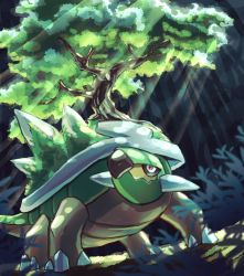 Rule 34 | claws, closed mouth, commentary request, creatures (company), forest, from below, fusenryo, game freak, gen 4 pokemon, highres, light rays, nature, nintendo, no humans, pokemon, pokemon (creature), red eyes, solo, spikes, torterra, tree
