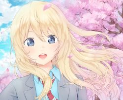 Rule 34 | 1girl, blazer, blonde hair, blue eyes, blue shirt, blue sky, cherry blossoms, cloud, commentary, eyebrows hidden by hair, grey jacket, hair between eyes, hair blowing, highres, jacket, kurenainoshi, leaning to the side, long hair, looking at viewer, loose necktie, miyazono kawori, necktie, open mouth, outdoors, petals, red necktie, school uniform, shigatsu wa kimi no uso, shirt, sky, solo, striped necktie, striped neckwear, teeth, tree, upper body, upper teeth only, very long hair, wind