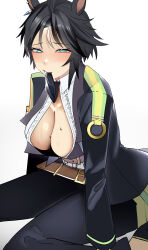 1girl absurdres animal_ears belt black_footwear black_gloves black_hair black_jacket black_necktie black_pants blue_eyes breasts brown_belt center_opening cleavage collared_shirt commentary_request cowboy_shot ear_ornament ear_piercing frilled_shirt frills fuji_kiseki_(umamusume) gloves highres holding_necktie horse_ears horse_girl jacket jitome_no_tsugumi large_breasts long_sleeves looking_at_viewer mouth_hold multicolored_hair necktie no_bra on_ground open_clothes open_jacket pants piercing shirt short_hair simple_background sitting smile solo streaked_hair sweat umamusume wariza white_background white_hair white_shirt