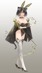 Rule 34 | 1girl, absurdres, adapted costume, animal ears, arknights, bare shoulders, black choker, black hair, black leotard, blush, breasts, cat ears, cat girl, cat tail, choker, cleavage, commentary request, fake animal ears, frown, full body, furukura m, hair ornament, hairclip, high heels, highres, holding, holding staff, kemonomimi mode, legs, leotard, mandragora (arknights), medium breasts, medium hair, off shoulder, rabbit ears, solo, staff, tail, thighhighs, white thighhighs, yellow eyes