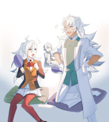 Rule 34 | 1girl, 2boys, absurdres, ahoge, alternate costume, alternate hairstyle, ascot, blush, braid, closed eyes, coat, commentary request, cosplay, dark-skinned male, dark skin, fate/grand order, fate (series), father and daughter, grey eyes, grey hair, hair between eyes, hands on own hips, highres, lab coat, long hair, long sleeves, marisbury animusphere, multiple boys, olga marie animusphere, open mouth, orange pantyhose, pantyhose, ponytail, red ascot, romani archaman, romani archaman (cosplay), side braid, simple background, sitting, smile, so (sh1ro1to), solomon (fate), white background, white coat, white hair, yellow eyes