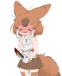 Rule 34 | 1girl, absurdres, animal ears, bare shoulders, blood, blush, bow, brown hair, closed eyes, crying, dhole (kemono friends), dog ears, dog girl, dog tail, extra ears, false smile, fang, gloves, highres, holding, holding knife, implied murder, kemono friends, kemono friends 3, knife, multicolored hair, notora, open mouth, shirt, short hair, skirt, sleeveless, smile, solo, tail, two-tone hair, white hair, yandere