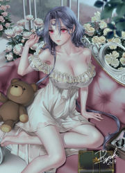 Rule 34 | 1girl, bare legs, bare shoulders, barefoot, blush, book, box, breasts, bug, cleavage, closed mouth, collarbone, commentary request, couch, dress, facial mark, flower, forehead mark, frilled dress, frills, grey dress, grey hair, hand in own hair, highres, indoors, large breasts, long hair, off-shoulder dress, off shoulder, on couch, original, pink eyes, pink lips, rain, ribbon, rose, ryuki@maguro-ex, sitting, solo, stuffed animal, stuffed toy, teddy bear, veins, veiny breasts, white flower, white ribbon, white rose, window, yokozuwari