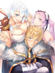 Rule 34 | 10s, 1boy, 2girls, ahoge, armor, artemis (fate), bare shoulders, blonde hair, blue eyes, blush, breast rest, breasts, colored eyelashes, crossed arms, embarrassed, euryale (fate), fate/extra, fate/grand order, fate/hollow ataraxia, fate (series), gauntlets, gawain (fate), hairband, height difference, large breasts, lips, long hair, looking at viewer, multiple girls, off shoulder, open mouth, orion (bear) (fate), parted lips, pink eyes, pink hair, silver hair, sitting, stuffed animal, stuffed toy, teddy bear, twintails, two side up, upper body, yomo (majidon)