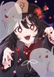 Rule 34 | 1girl, :&gt;, :d, = =, arms up, black background, black hair, black hat, black nails, black robe, commentary, flower, flower-shaped pupils, genshin impact, ghost, ghost pose, hat, hat flower, highres, hu tao (genshin impact), jewelry, kabe bo, long hair, looking at viewer, multiple rings, nail polish, open mouth, plum blossoms, red eyes, red flower, ring, robe, simple background, smile, solo, symbol-shaped pupils, white flower