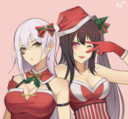 Rule 34 | 2girls, ;p, architect (girls&#039; frontline), ark john up, barcode, barcode tattoo, black hair, bow, breasts, christmas, christmas tree hair ornament, cleavage, earrings, gager (girls&#039; frontline), girls&#039; frontline, gloves, green eyes, hair ornament, hand on another&#039;s shoulder, hat, jewelry, large breasts, long hair, medium breasts, multiple girls, one eye closed, one side up, open mouth, purple eyes, santa costume, santa gloves, santa hat, star (symbol), star earrings, striped, striped bow, tattoo, tongue, tongue out, upper body, v over eye, white hair