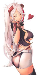 Rule 34 | 1girl, ass, azur lane, belt, black skirt, blowing kiss, breasts, clothing cutout, cropped shirt, earpiece, earrings, from side, gloves, half gloves, headgear, heart, highres, jacket, jewelry, large breasts, long hair, microskirt, midriff, mole, mole on breast, multicolored hair, official alternate costume, open clothes, open jacket, panties, panty straps, prinz eugen (azur lane), prinz eugen (final lap) (azur lane), purple jacket, race queen, red hair, red panties, simple background, skirt, solo, standing, streaked hair, tan, thighhighs, two-tone hair, two-tone skirt, underboob, underboob cutout, underwear, very long hair, white background, white belt, white hair, white skirt, yellow eyes, yusha m, zettai ryouiki