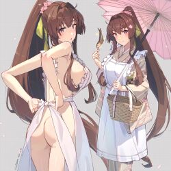 1girl alternate_costume apron ass breasts brown_hair cherry_blossoms fish floral_print floral_print_kimono flower green_kimono green_ribbon hair_flower hair_intakes hair_ornament hair_ribbon highres himeyamato holding holding_skewer japanese_clothes kantai_collection kimono large_breasts long_hair naked_apron ponytail print_kimono ribbon saury sidelocks skewer very_long_hair white_apron wide_sleeves yamato_(kancolle)