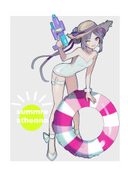 Rule 34 | 1girl, 2022, english text, fate/grand order, fate (series), hat, high heels, highres, holding, holding toy, holding weapon, kitou saji, leaning forward, lifebuoy, medium hair, one-piece swimsuit, one eye closed, open mouth, purple eyes, purple hair, smile, solo, standing, stheno (fate), strapless, strapless one-piece swimsuit, sun hat, swim ring, swimsuit, thigh strap, toy, water gun, weapon