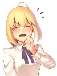 Rule 34 | 1girl, :d, ahoge, artoria pendragon (all), artoria pendragon (fate), blonde hair, blush, boa (brianoa), collared shirt, closed eyes, facing viewer, fate/stay night, fate (series), hair ribbon, highres, laughing, long sleeves, looking at viewer, neck ribbon, notice lines, open mouth, purple ribbon, ribbon, saber (fate), shirt, short hair, simple background, smile, solo, upper body, white background, white shirt, wing collar