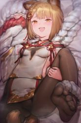 Rule 34 | 1girl, :d, animal ears, aos, ass, black pantyhose, blush, breasts, brown eyes, brown hair, feet, granblue fantasy, highres, looking at viewer, lying, on back, open mouth, pantyhose, short hair, smile, solo, spread legs, sweat, vajra (granblue fantasy)