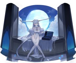 Rule 34 | 1girl, bare shoulders, blue eyes, blush, breasts, closed mouth, cloud, commentary request, full body, full moon, gloves, hand on own thigh, highres, horn ornament, horns, knees together feet apart, large breasts, leotard, long hair, long horns, looking at viewer, mamima, moon, no shoes, original, see-through, silver hair, sitting, sky, solo, suitcase, tail, thighhighs, transparent background, very long hair, white gloves, white leotard, white thighhighs