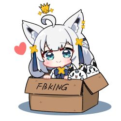 1girl ahoge animal_ear_fluff animal_ears blue_bow blue_bowtie blue_eyes blush bow bowtie box chibi chibi_only closed_mouth commentary_request crown deformed dohoon fox fox_ears heart highres hololive in_box in_container long_hair long_sleeves looking_at_viewer shirakami_fubuki shirt simple_background smile solo white_background white_hair white_shirt