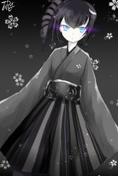 Rule 34 | 10s, 1girl, abyssal ship, ancient destroyer oni, black hair, bunnyjiry (jirynyang), colored skin, drill hair, female focus, floral background, glowing, glowing eyes, gradient background, grey background, hakama, hakama skirt, highres, japanese clothes, kantai collection, mole, mole under eye, monochrome, plant, purple eyes, side ponytail, skirt, solo, spot color, white skin