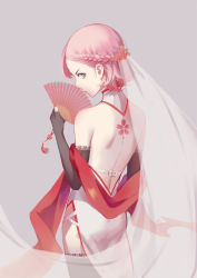 Rule 34 | 1girl, alternate costume, back tattoo, backless dress, backless outfit, black gloves, black thighhighs, bridal veil, choker, cowboy shot, dress, elbow gloves, facial mark, fingerless gloves, flower, from behind, gloves, green eyes, grey background, hair flower, hair ornament, hand fan, haruno sakura, highres, holding, holding fan, looking at viewer, looking back, nail polish, naruto, naruto (series), nho (316784766), pink hair, red flower, red nails, short hair, simple background, solo, standing, tattoo, thighhighs, transparent, veil