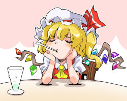 Rule 34 | 1girl, ascot, blush, chair, drink, drinking straw, water drop, closed eyes, flandre scarlet, hat, mob cap, puffy short sleeves, puffy sleeves, shinapuu, short hair, short sleeves, side ponytail, sitting, solo, table, touhou, vest, water drop, wings