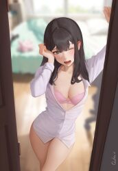 Rule 34 | 1girl, absurdres, arm up, artist name, black eyes, black hair, blurry, blurry background, blush, bra, breasts, cowboy shot, doorway, dress shirt, highres, indoors, long hair, long sleeves, looking at viewer, medium breasts, no pants, one eye closed, open mouth, original, partially unbuttoned, pink bra, pov doorway, quilm, ribbon bra, rubbing eyes, shirt, solo, standing, tearing up, teeth, tongue, underwear, waking up, white shirt, yawning