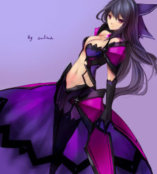 Rule 34 | 10s, 1girl, breasts, cleavage, corruption, dark persona, date a live, highres, long hair, looking at viewer, navel, orange eyes, purple hair, solo, swd3e2, yatogami tooka, yatogami tooka (true form)