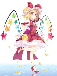 Rule 34 | 1girl, adapted costume, alternate costume, blonde hair, blush, bow, dress, flandre scarlet, flower, full body, hair bow, hair ornament, hat, hat ribbon, high heels, looking at viewer, looking down, mob cap, petals, ponytail, puffy sleeves, red dress, red eyes, ribbon, rose, satou kibi, short hair, short sleeves, side ponytail, simple background, smile, solo, star (symbol), touhou, water, white background, wings, wrist cuffs