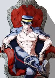 Rule 34 | 1boy, abs, bandages, bara, bare pectorals, blue coat, blue pants, coat, facial scar, golden kamuy, gomen koumuru, hat, highres, large pectorals, looking at viewer, manly, mature male, military hat, muscular, muscular male, navel, nipples, open clothes, open coat, pants, pectoral cleavage, pectorals, scar, scar on cheek, scar on chest, scar on face, scar on nose, scar on stomach, sitting, sugimoto saichi