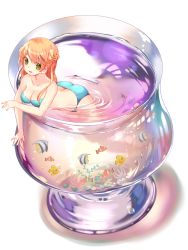 Rule 34 | 1girl, ass, bikini, blonde hair, blue bikini, blush, breasts, cleavage, clownfish, cup, double bun, drinking glass, fish, green eyes, hair bun, highres, long hair, looking at viewer, medium breasts, mintchoco (orange shabette), open mouth, original, oversized object, smile, solo, swimsuit, tropical fish, white background